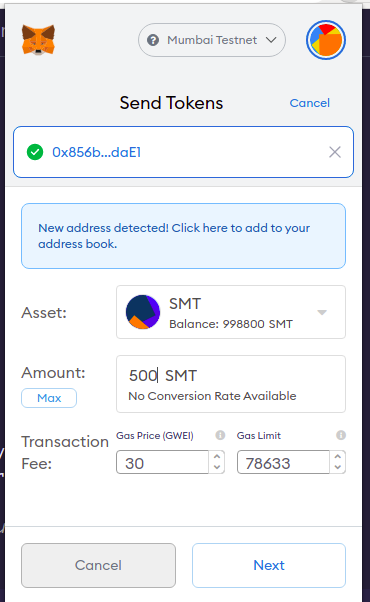 Sending tokens to the Faucet